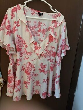 torrid Cream Blouse with Pink Floral Ruffle V-Neck